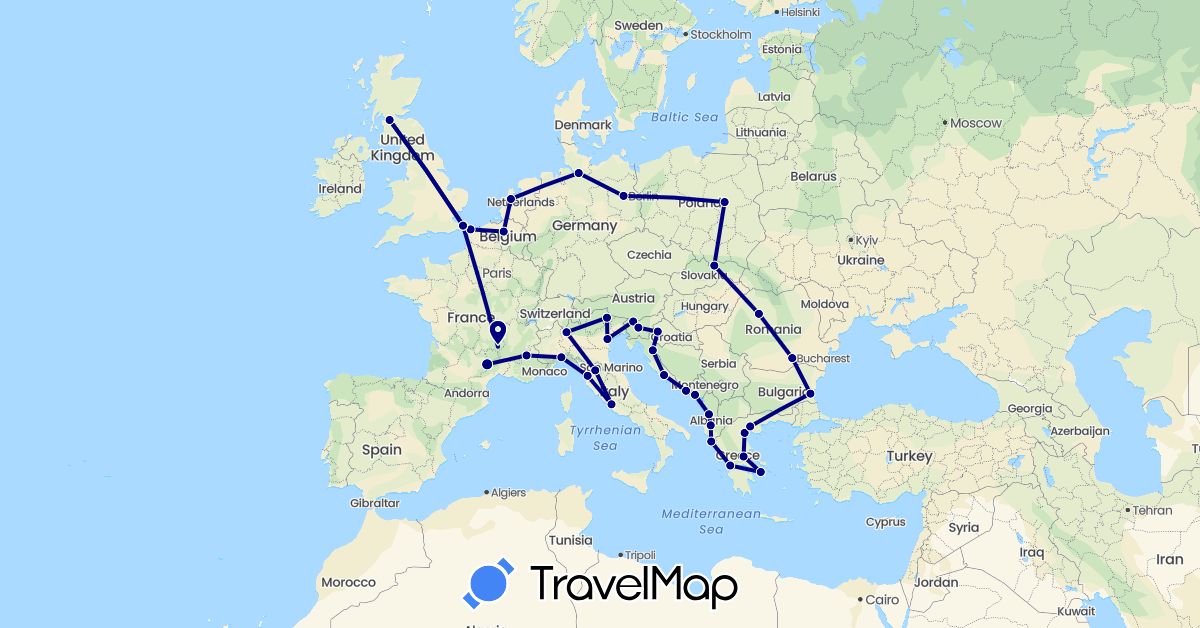 TravelMap itinerary: driving, boat in Albania, Belgium, Bulgaria, Germany, France, United Kingdom, Greece, Croatia, Italy, Montenegro, Netherlands, Poland, Romania, Slovenia, Slovakia (Europe)